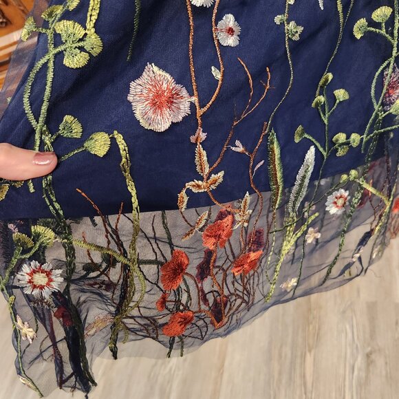 Beautiful Blue Embroidered Floral Flowers Lined Spaghetti Strap Dress Garden XL - Picture 3 of 7